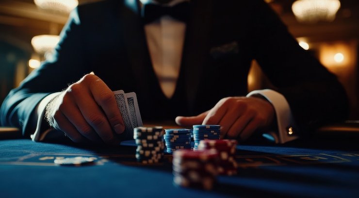 Dealer profesional playwin123 menjalani permainan poker langsung di studio dengan kamera multi-sudut